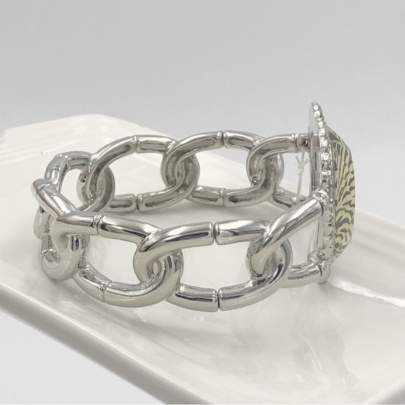 🌼 Zebra Stripe Print Heart Rhinestone Silver Stretch Bracelet - Picture 3 of 3